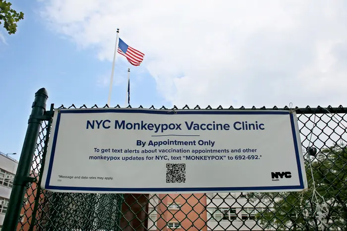 Monkeypox vaccine clinic sign is displayed on August 02 , 2022 in The Bronx. City and state health officials are pivoting to a new strategy to stretch the vaccine supply under a new federal requirement.